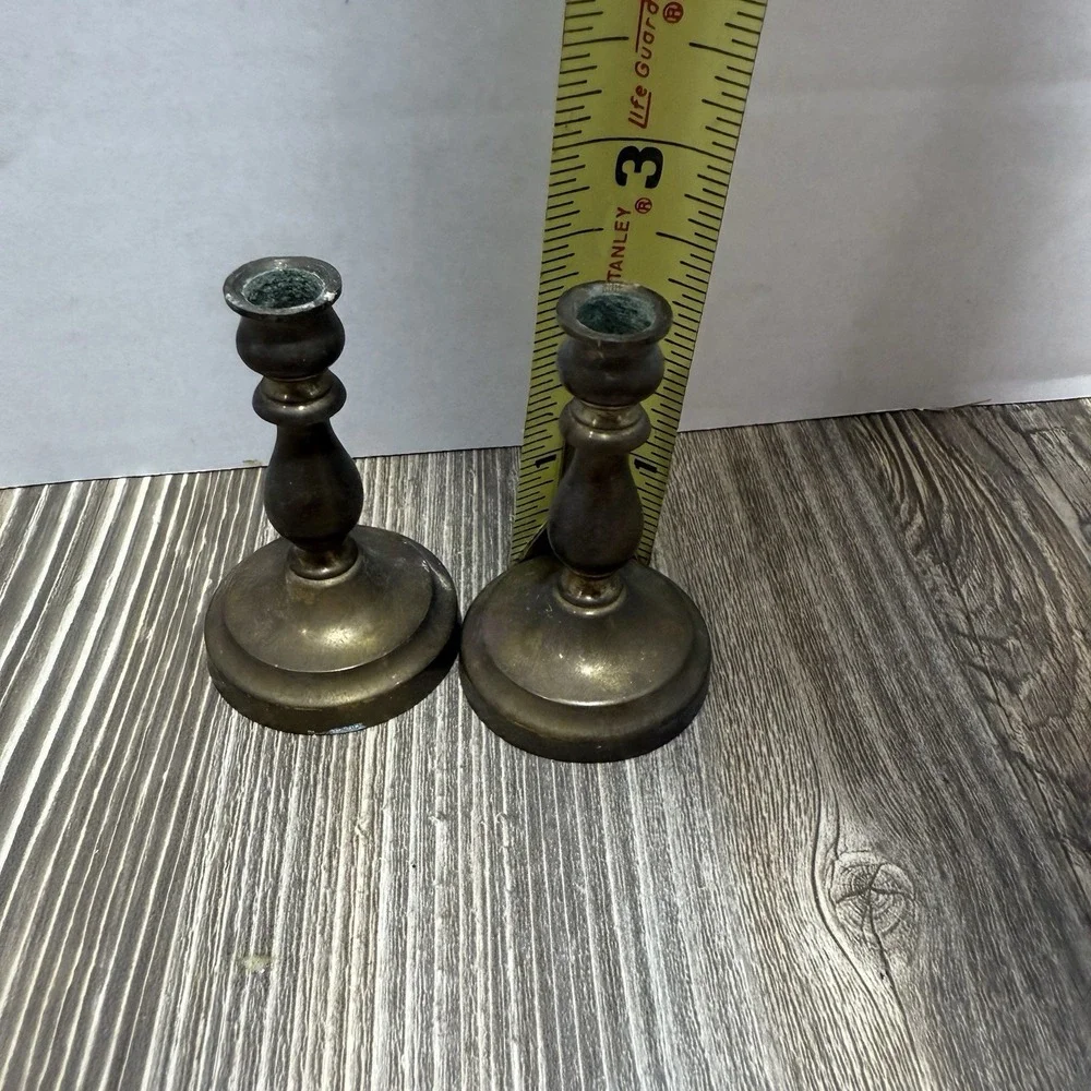 Vintage‎ dark patina brass miniature  Candlesticks pair